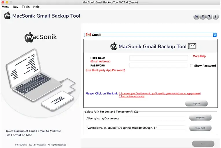 screenshot of MacSonik Gmail Backup Tool
